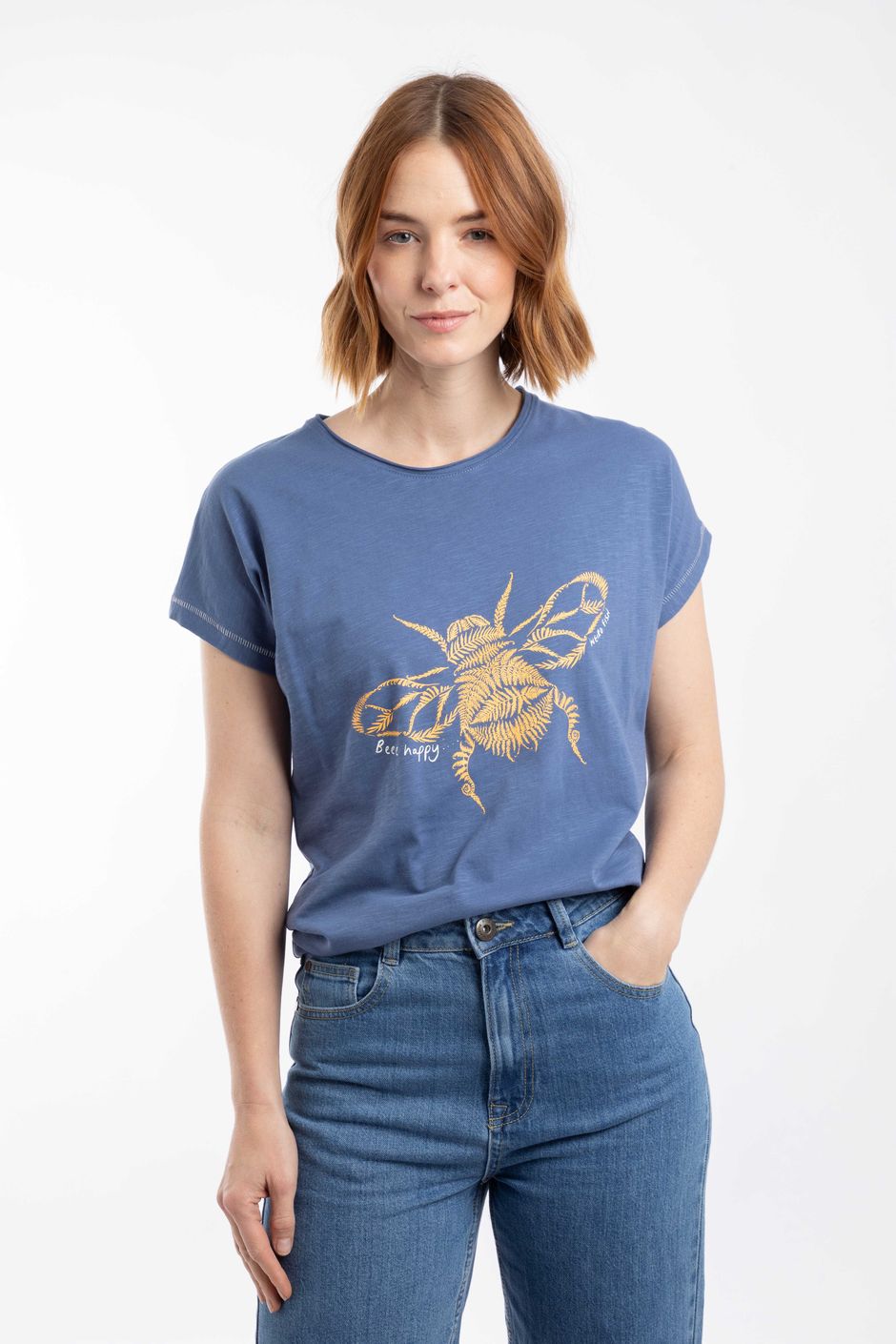 Fern Bee Front Print Graphic T-Shirt Faded Blue