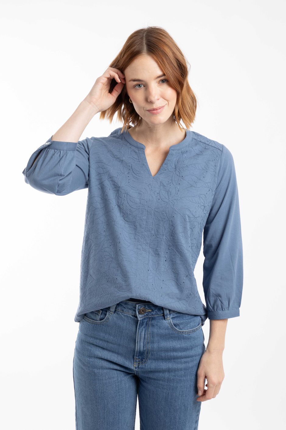 Mabel Broidery 3/4 Sleeve Top Faded Blue