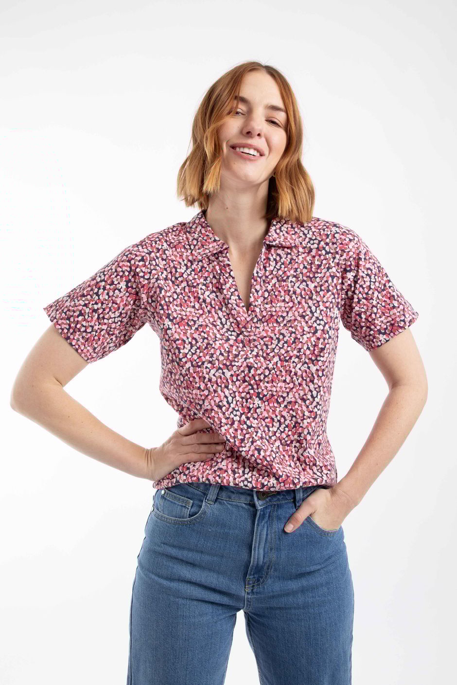 Rhenena Printed Jersey Polo Shirt Begonia Pink