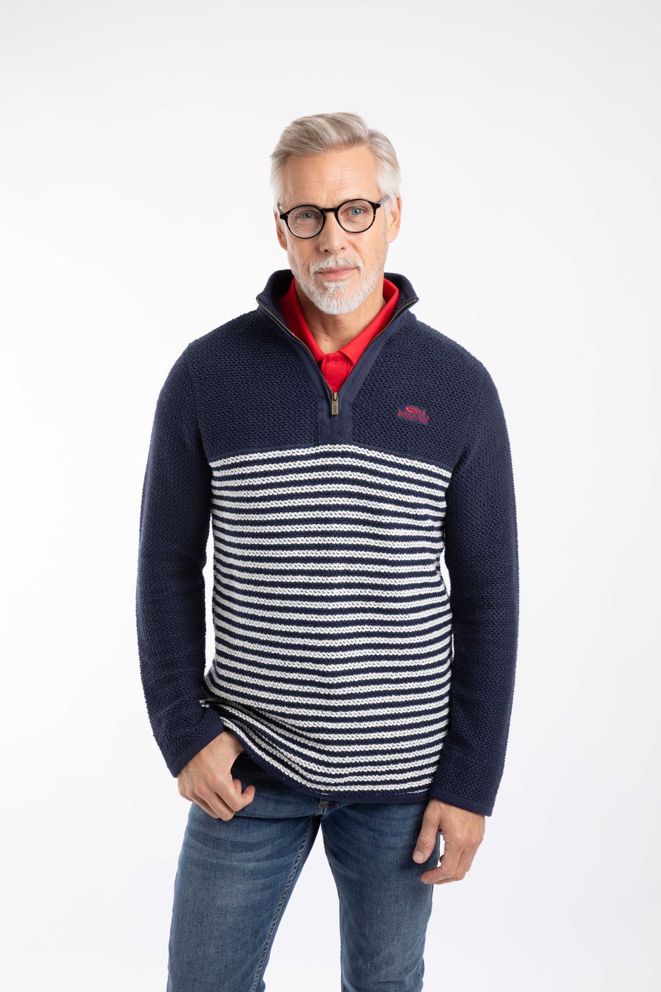 Gable 1/4 Zip Striped Macaroni Rich Navy