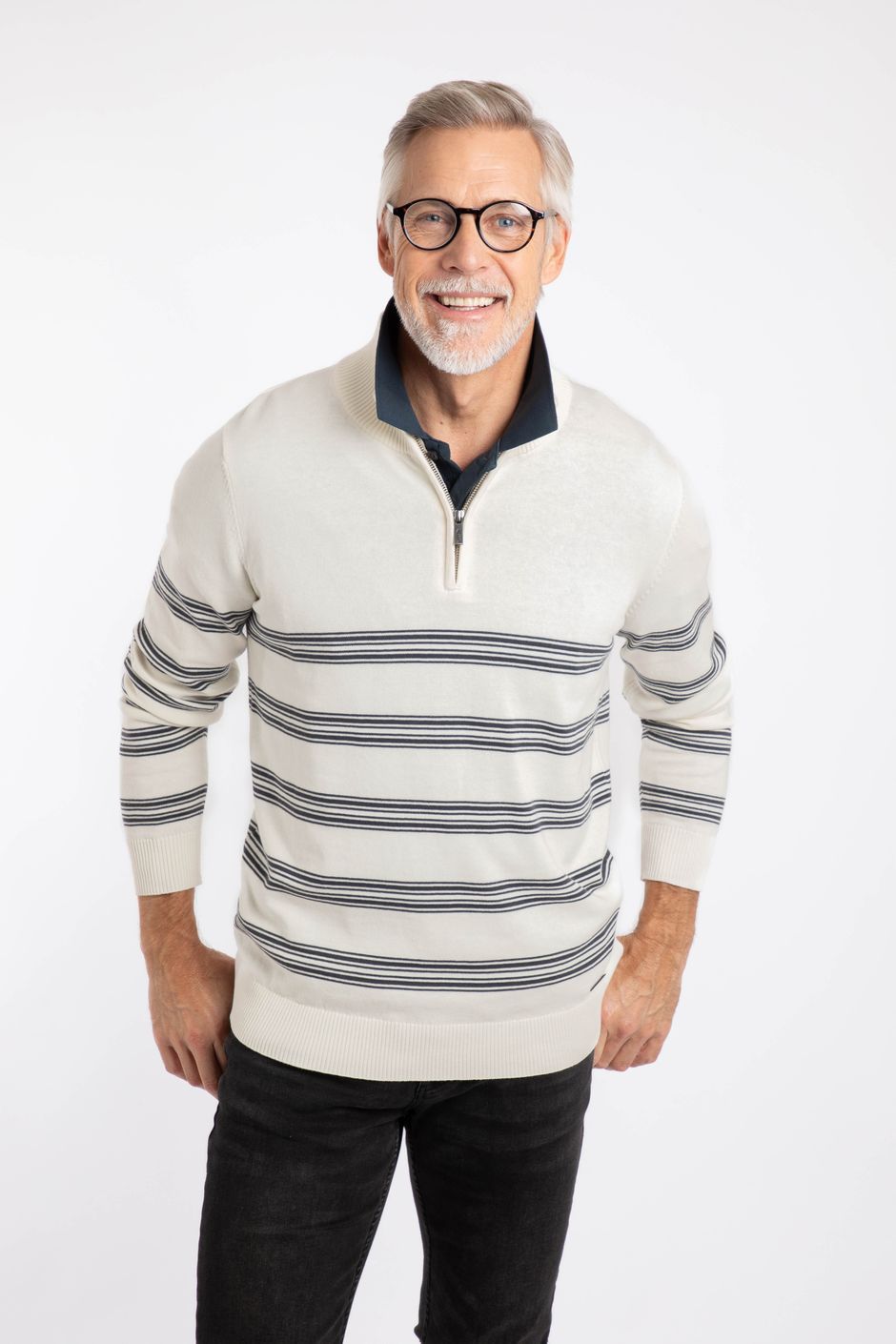 Gunnar 1/4 Zip Fine Knit Stripe Jumper Light Cream