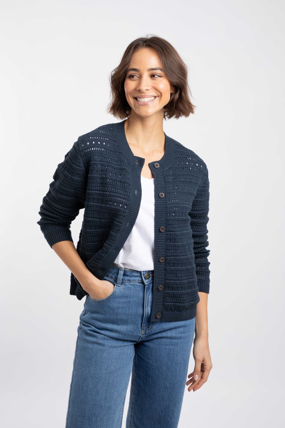 Avelina Pointelle Cardigan Navy