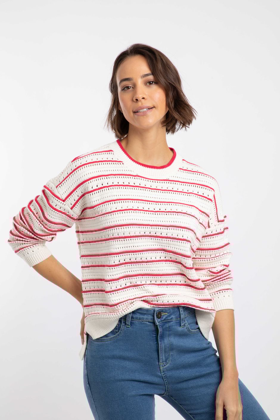 Liah Pointelle Striped Crew Neck Jumper Deep Pink
