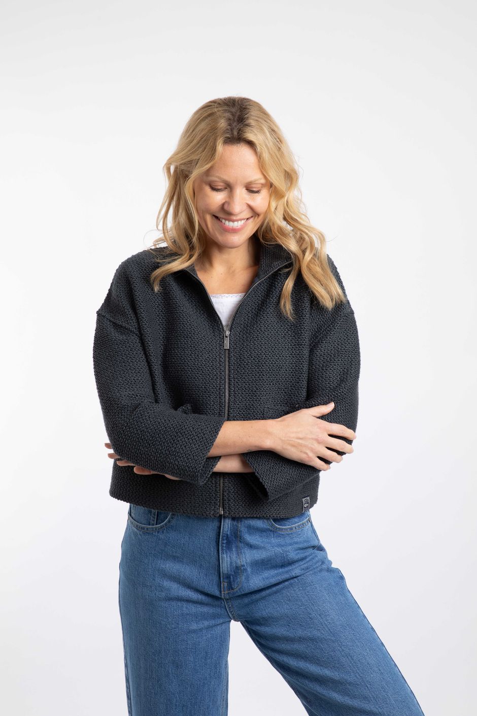 Emily Full Zip Cropped Macaroni Jacket Navy