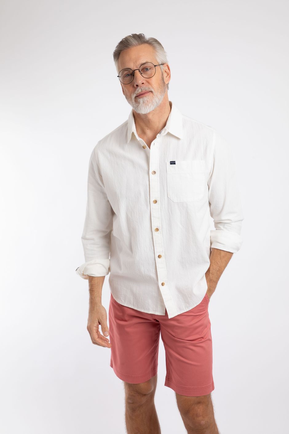 Geoffery Long Sleeve Textured Crepe Shirt Dusty White