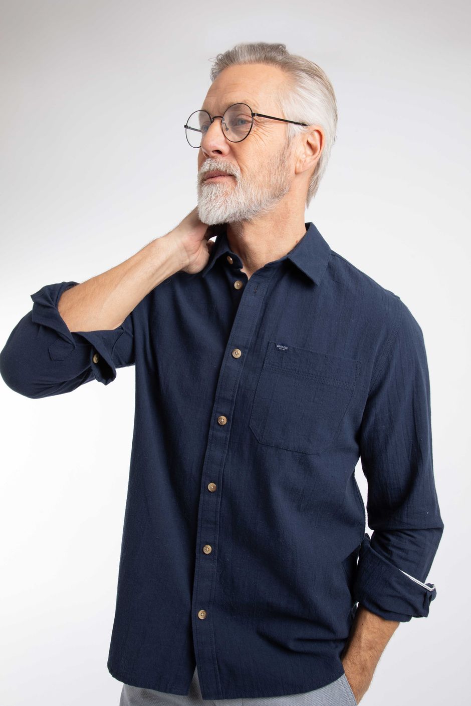 Geoffery Long Sleeve Textured Crepe Shirt Navy