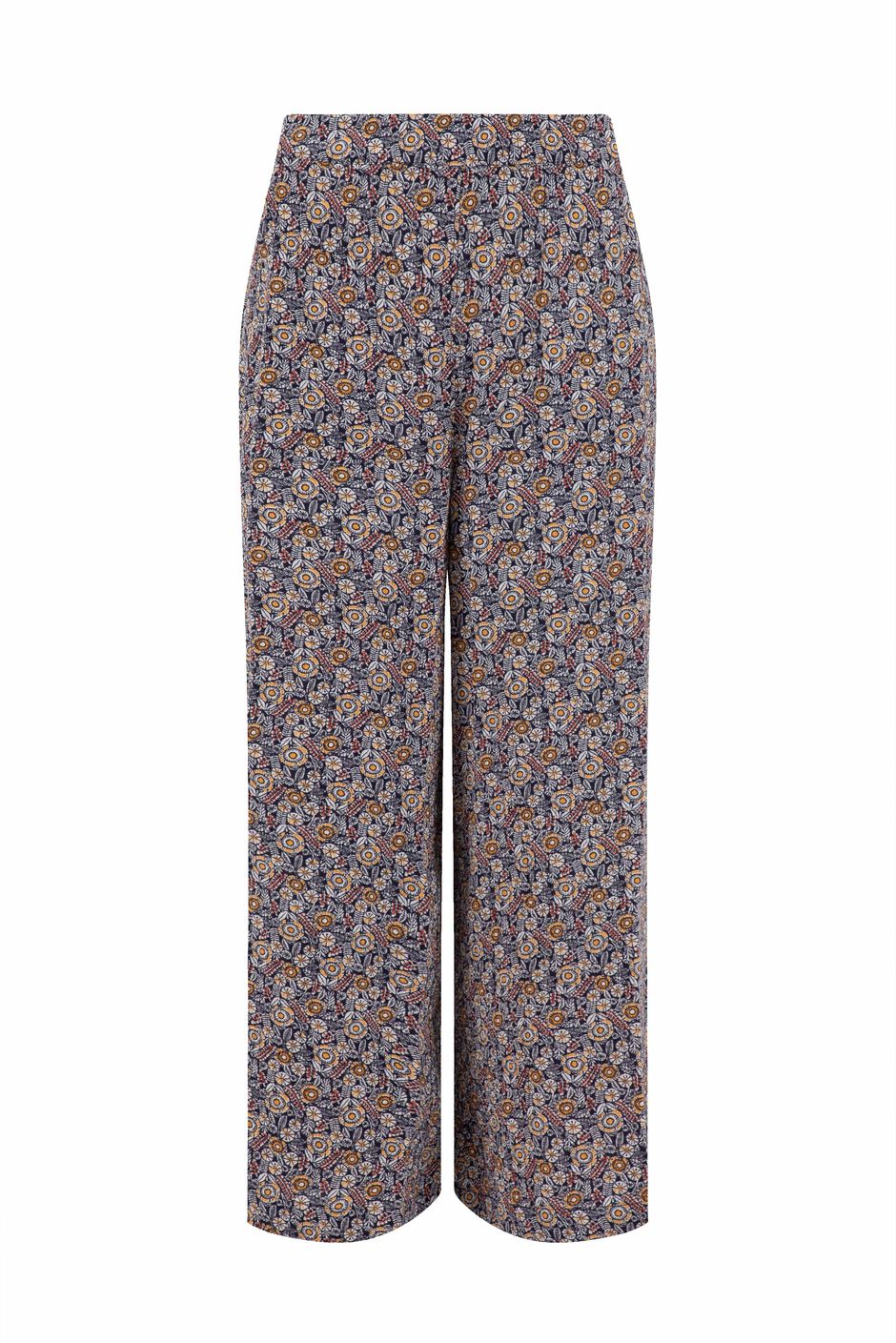 Sarita Crinkle Printed Wide Leg Cropped Trousers Navy
