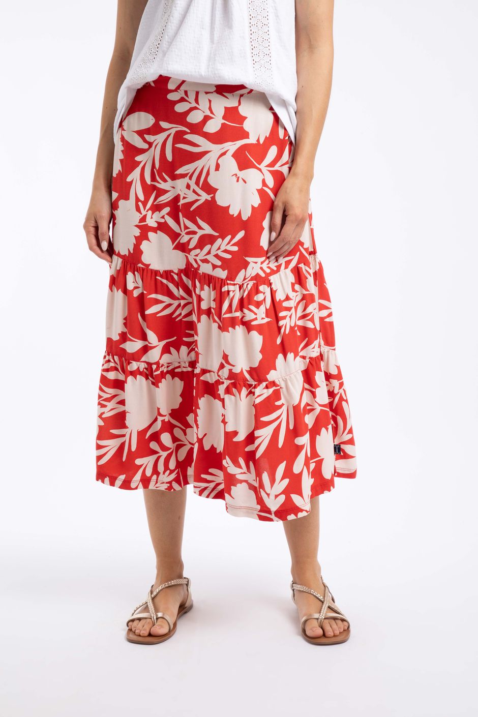 Cassis Printed Tiered Skirt Radical Red