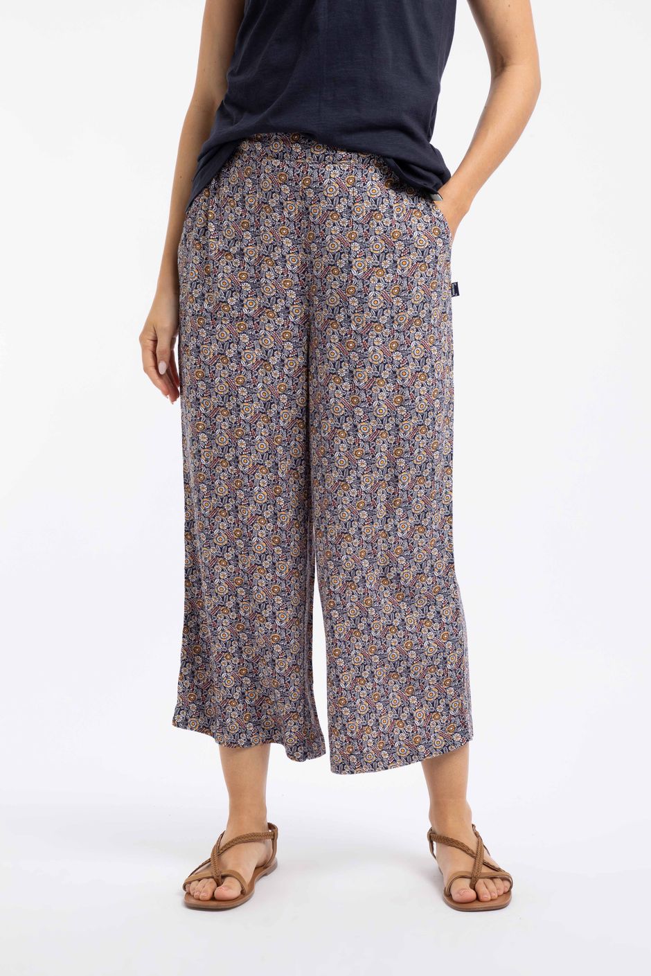 Sarita Crinkle Printed Wide Leg Cropped Trousers Navy