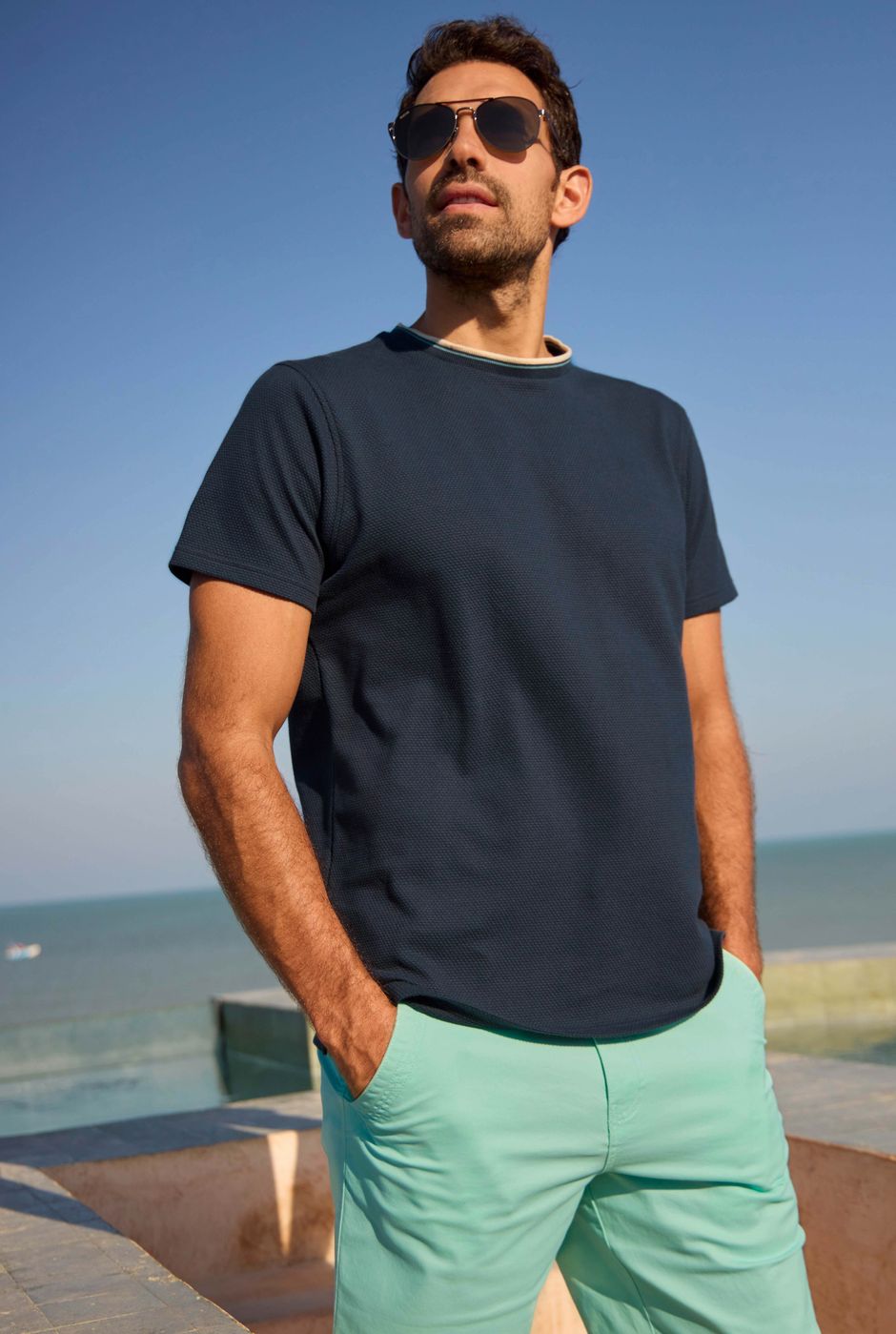 Harris Organic Cotton Textured Crew Neck T-Shirt Navy Blue