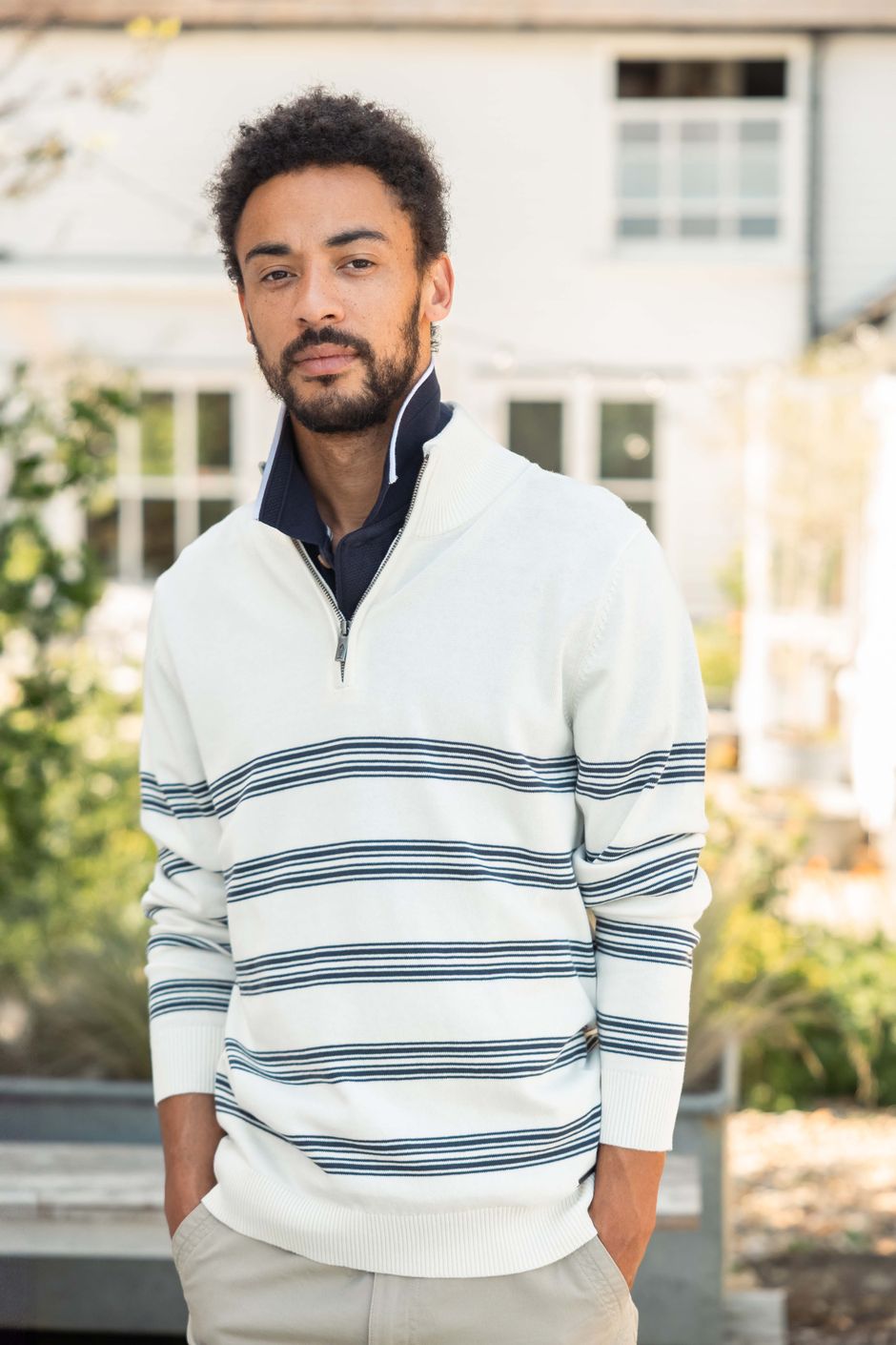Gunnar 1/4 Zip Fine Knit Stripe Jumper Light Cream