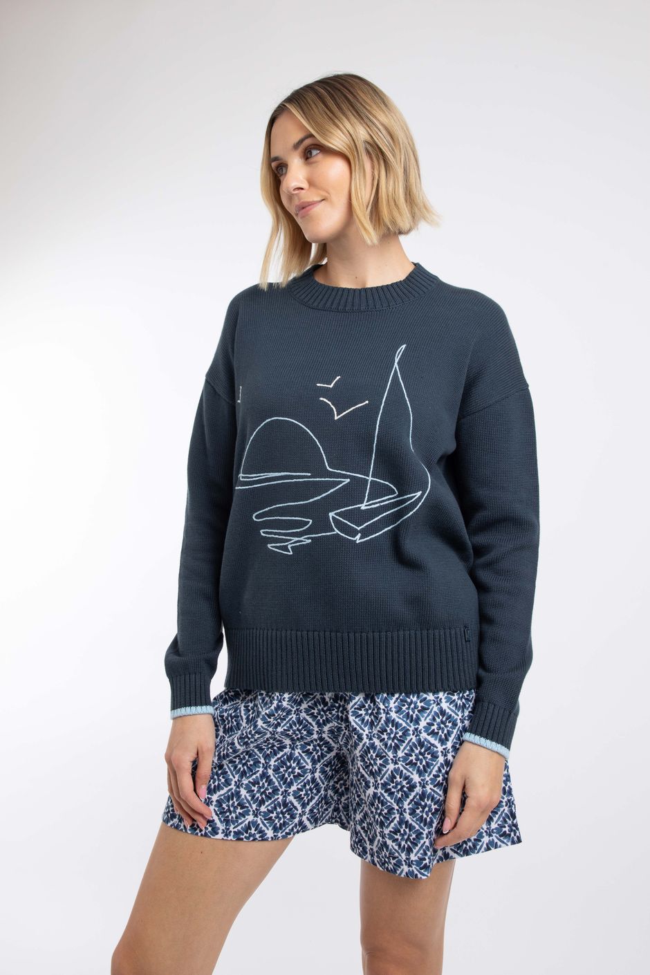Lauro Embroidered Crew Knit Jumper Navy