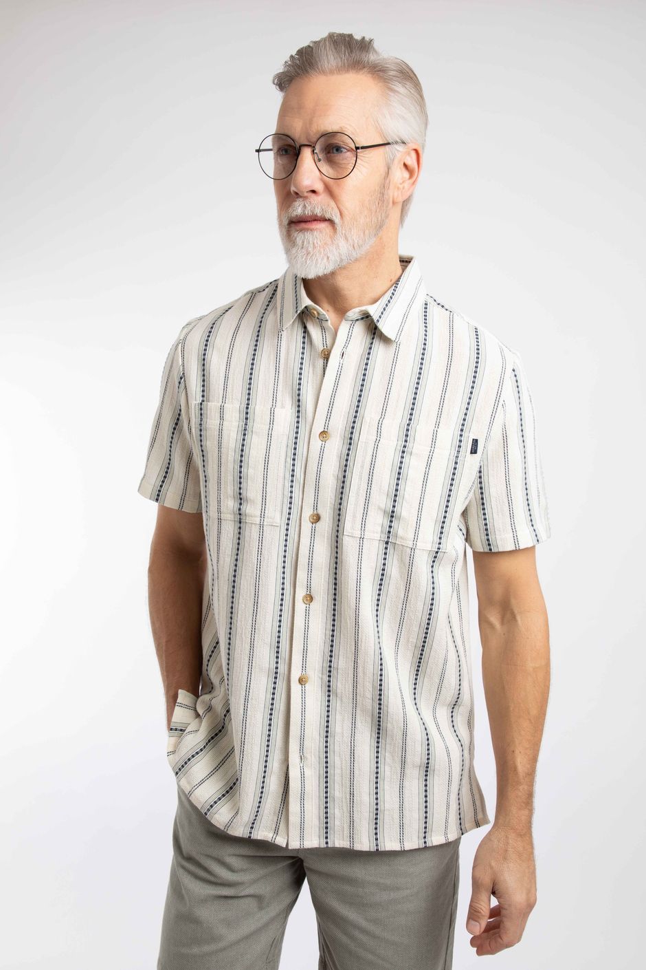 Madoc Woven Short Sleeve Striped Shirt Dusty White