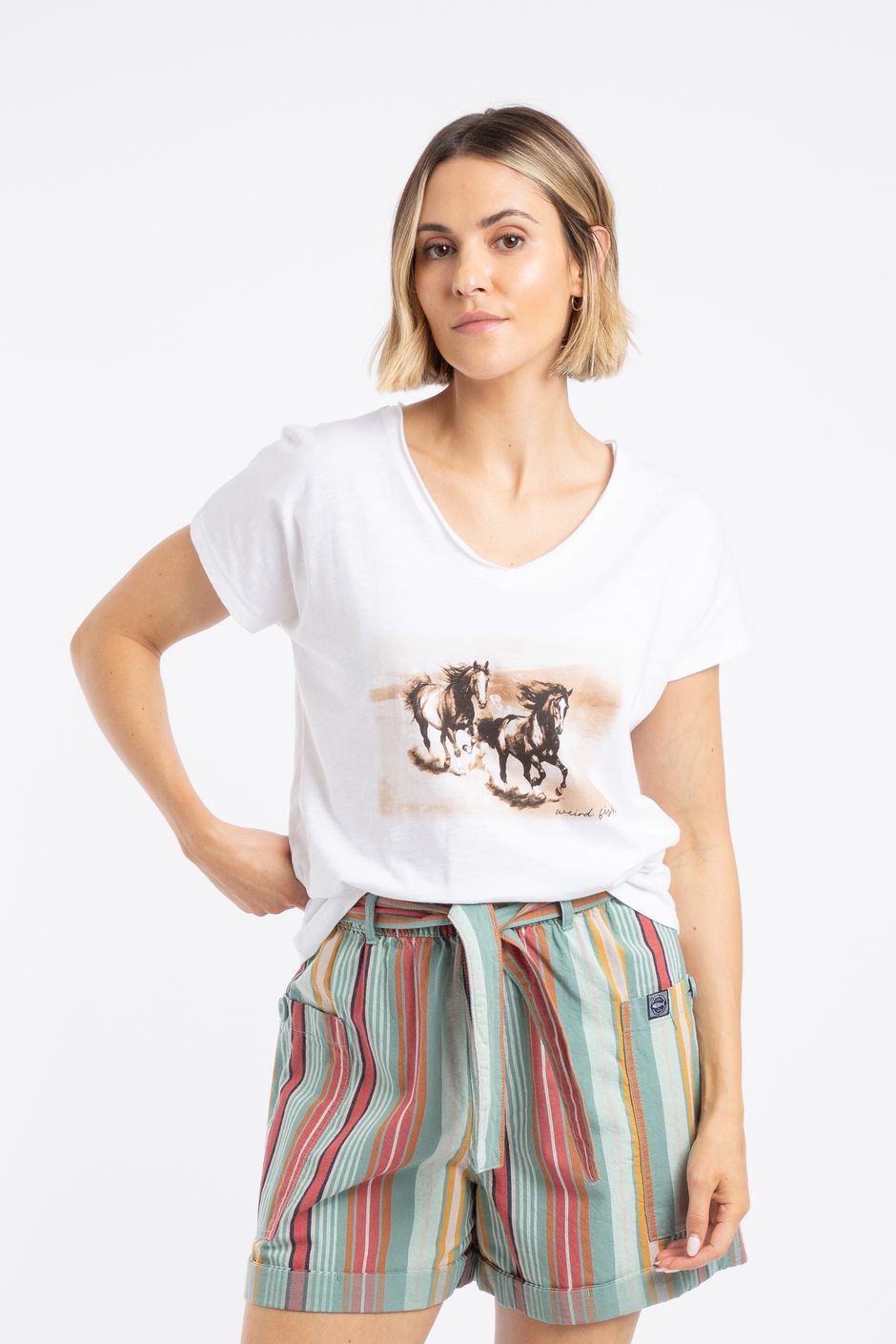 Running Horses Front Print Graphic T-Shirt White