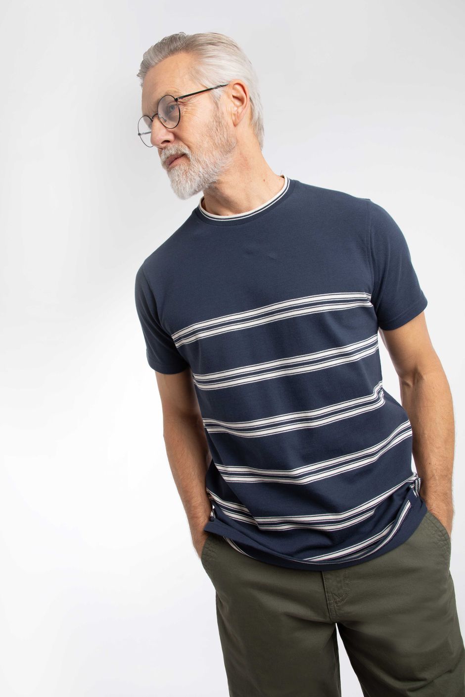 Fjord Pique Stripe Crew Neck T-Shirt Midnight