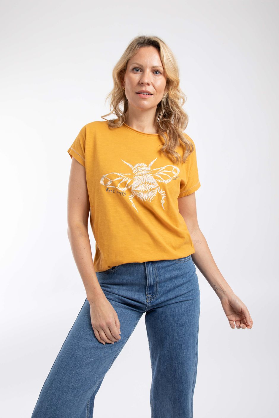 Bee Happy Front Print Graphic T-Shirt Deep Amber