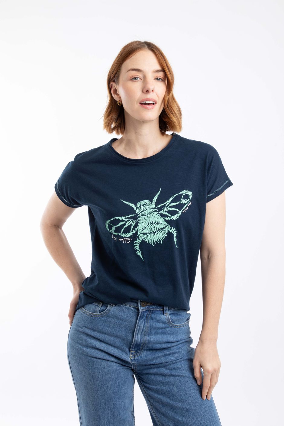 Bee Happy Front Print Graphic T-Shirt Navy