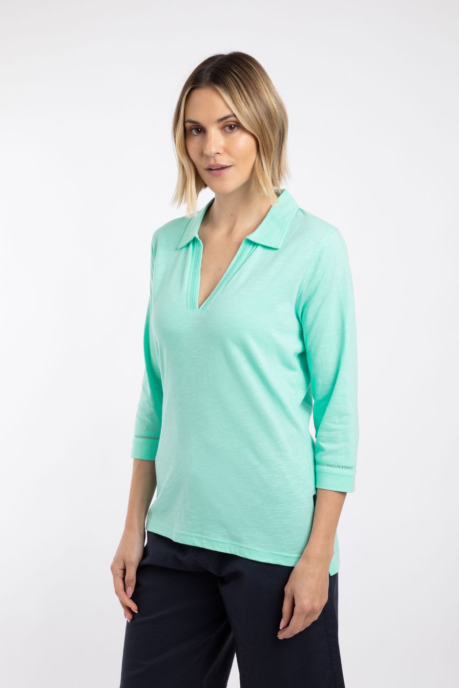 Annare 3/4 Sleeve Jersey Trophy Neck Top Apple Mint