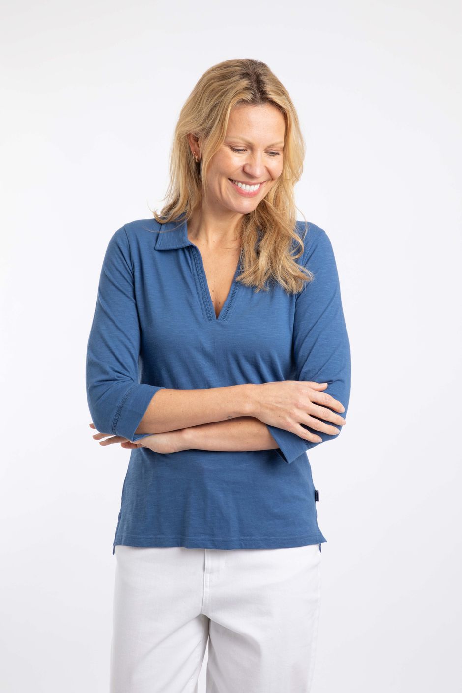 Annare 3/4 Sleeve Jersey Trophy Neck Top Faded Blue