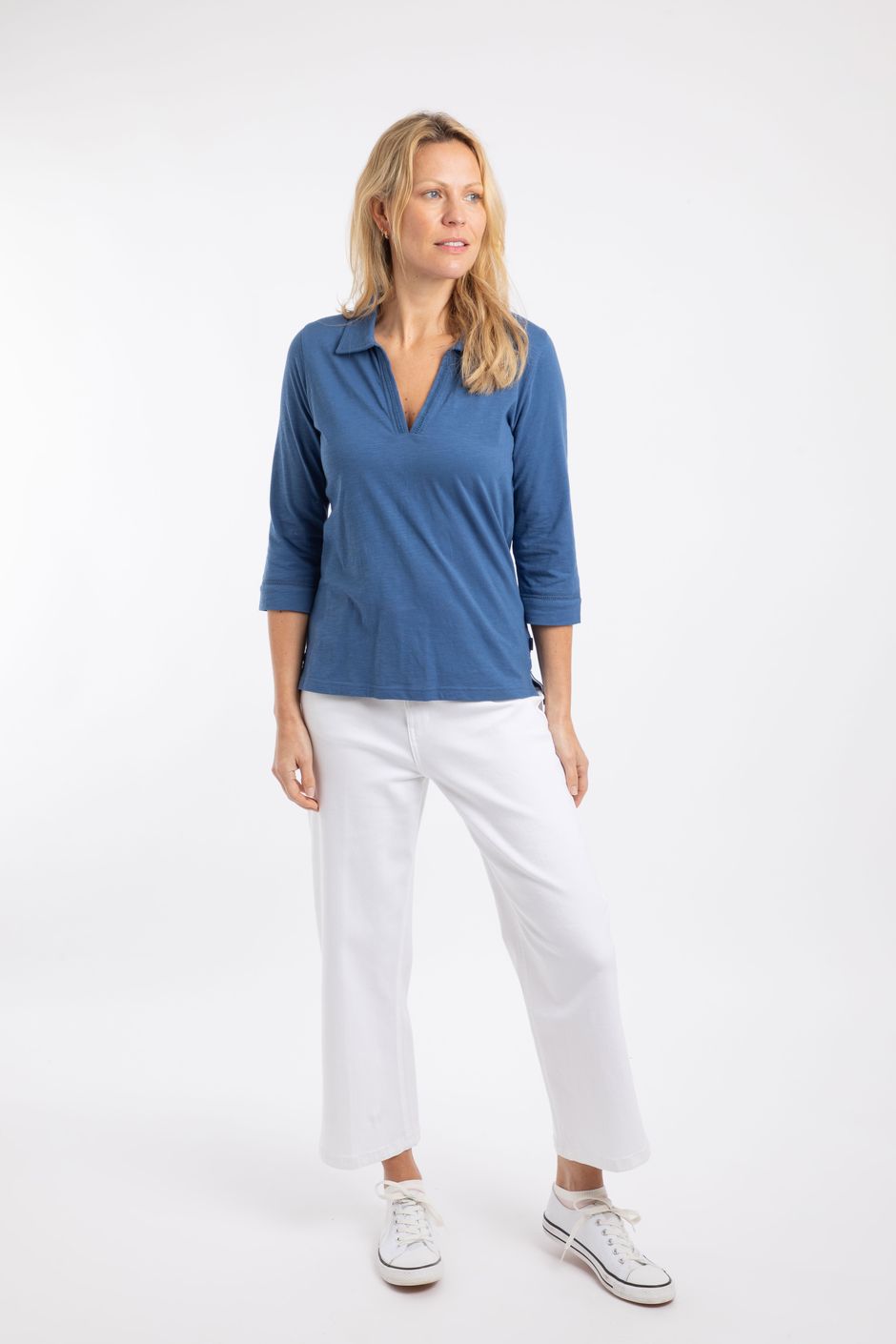 Annare 3/4 Sleeve Jersey Trophy Neck Top Faded Blue | Weird Fish