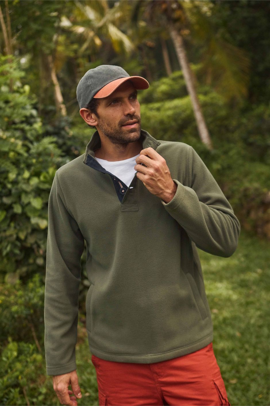 Roald Button Funnel Neck Microfleece Basil