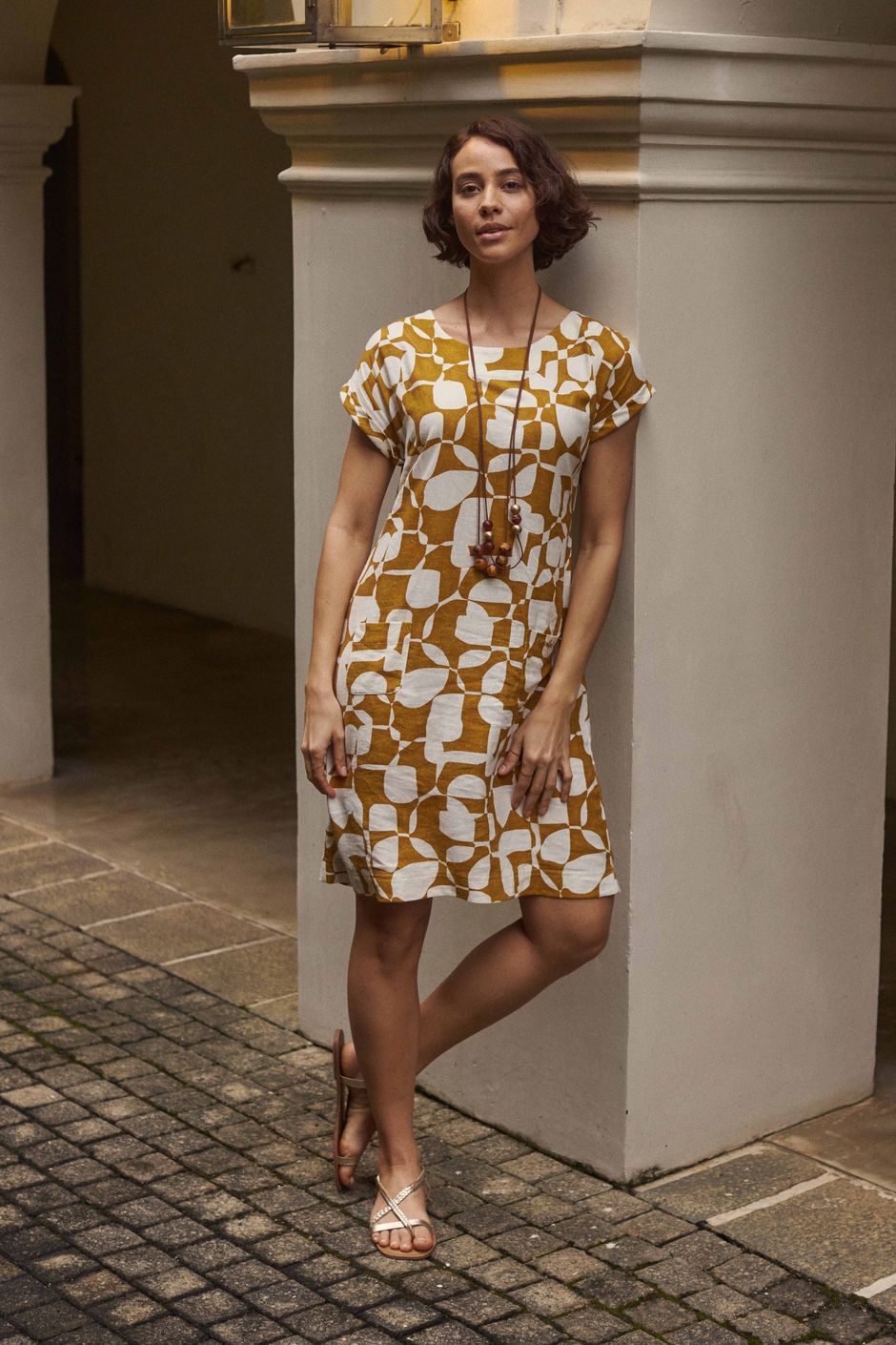 Orlando Printed Linen Rich Shift Dress Ochre
