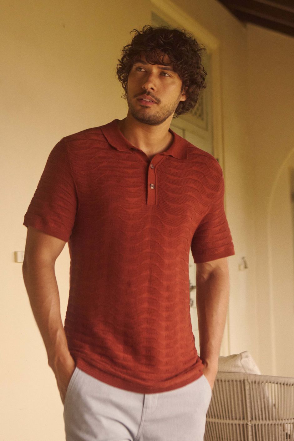 Emmet Trophy Neck Knitted Polo Shirt Coconut Shell
