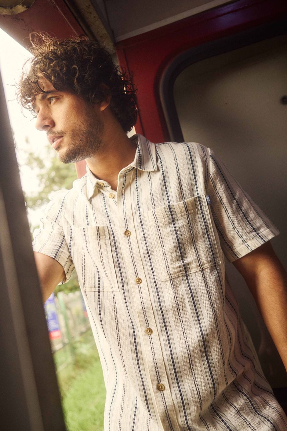 Madoc Woven Short Sleeve Striped Shirt Dusty White
