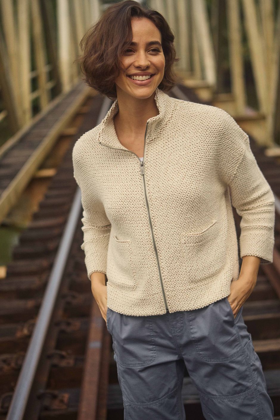 Emily Full Zip Cropped Macaroni Sweatshirt Jacket Ecru