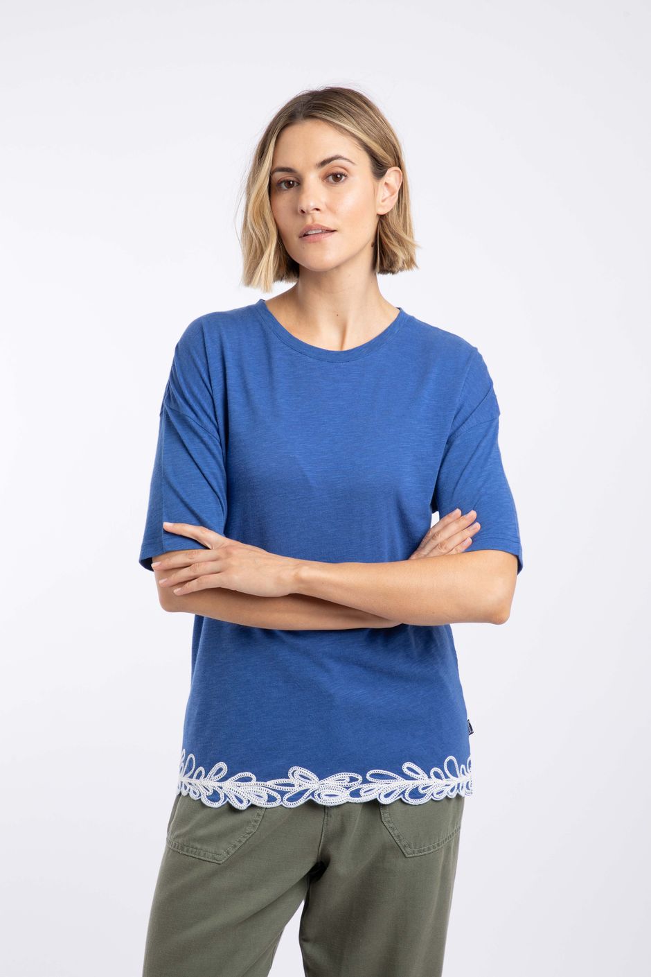 Lyndon Lace Trim Crew Neck T-Shirt Navy