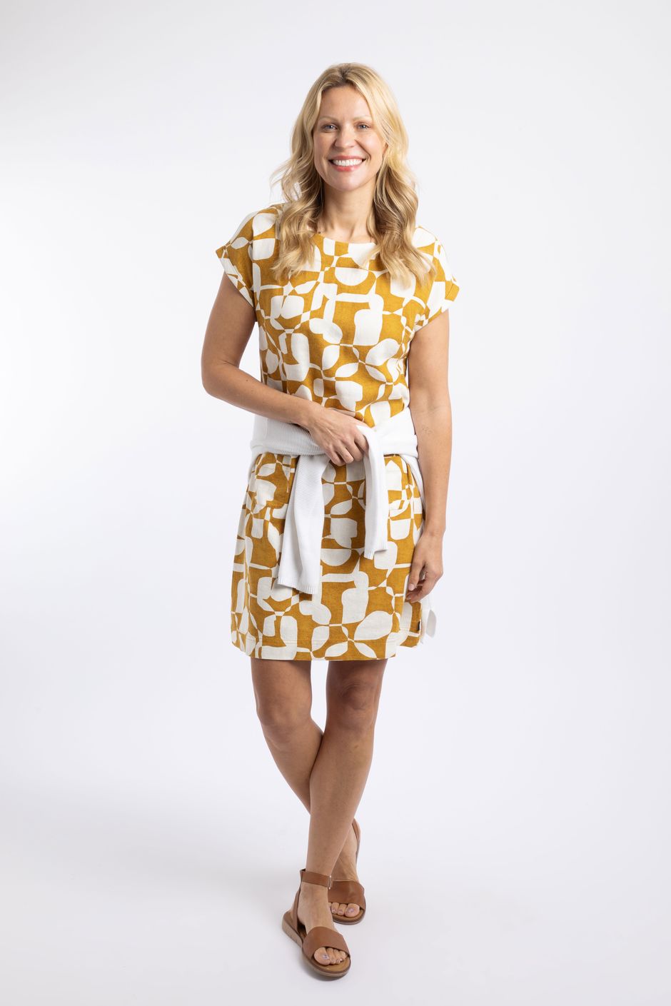 Orlando Printed Linen Rich Shift Dress Ochre