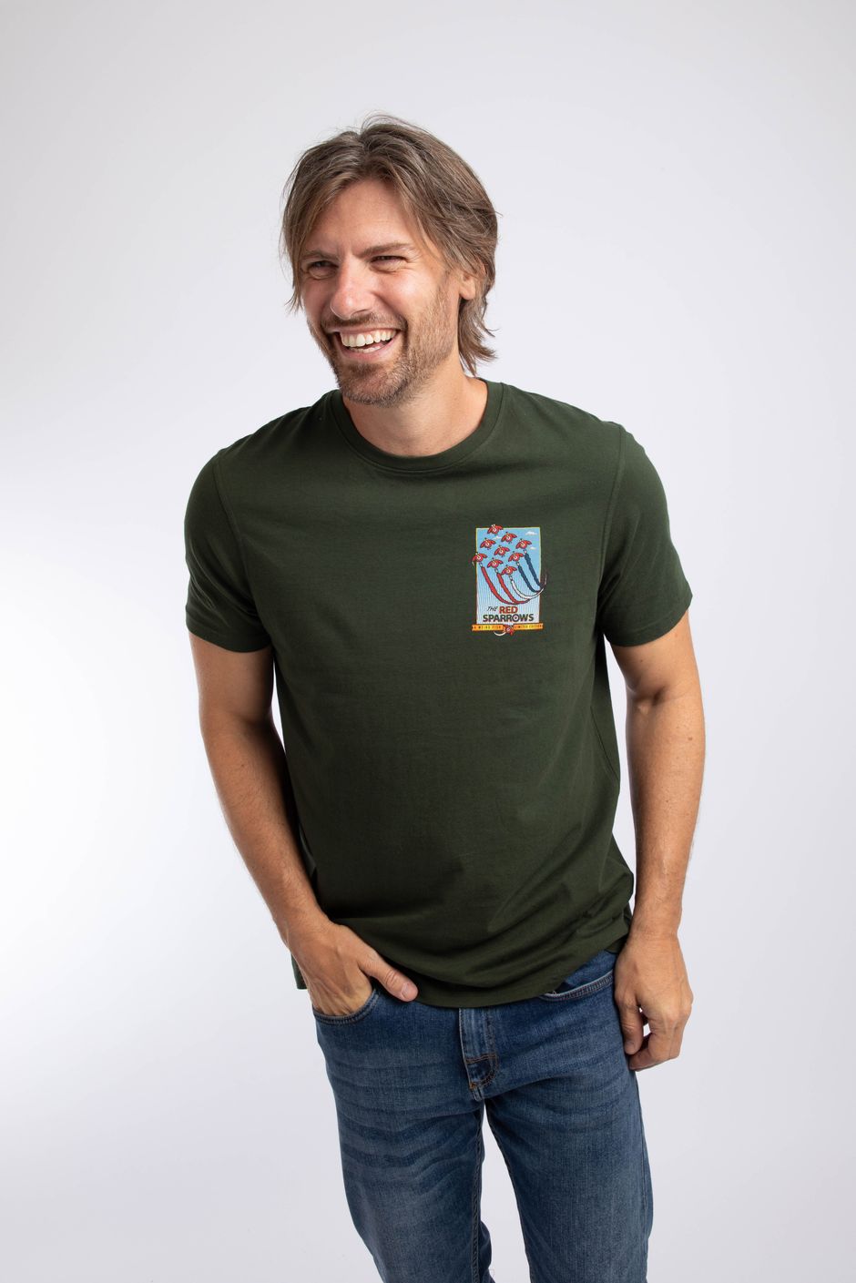 Red Sparrows Back Print Artist T-Shirt Duck Green