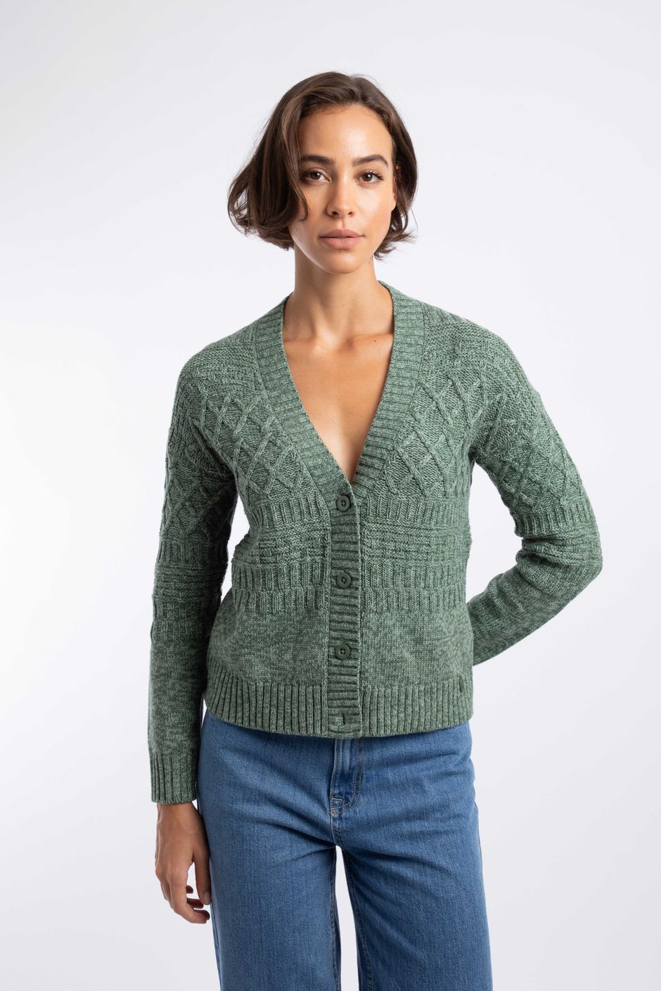Amiens Mixed Stitch Outfitter Cardigan Army Green