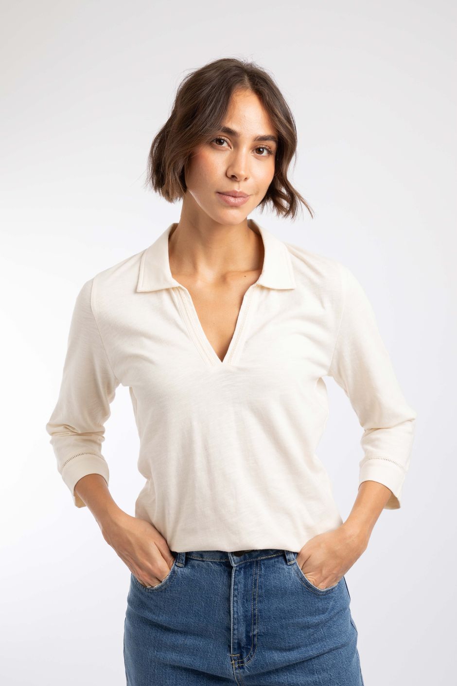 Annare 3/4 Sleeve Jersey Trophy Neck Top Eggnog
