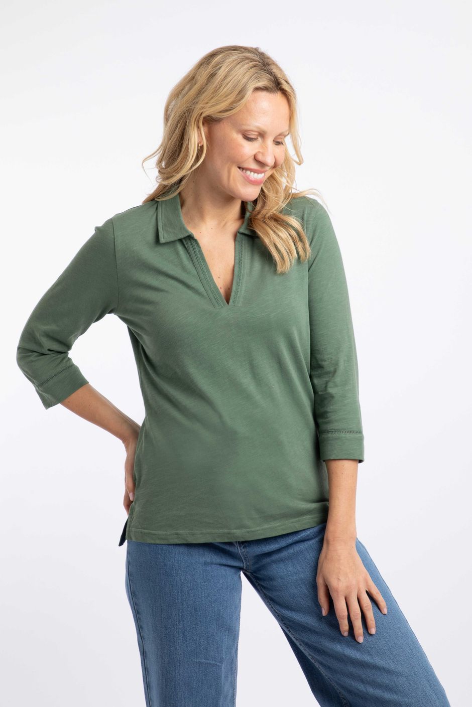 Annare 3/4 Sleeve Jersey Trophy Neck Top Military Green