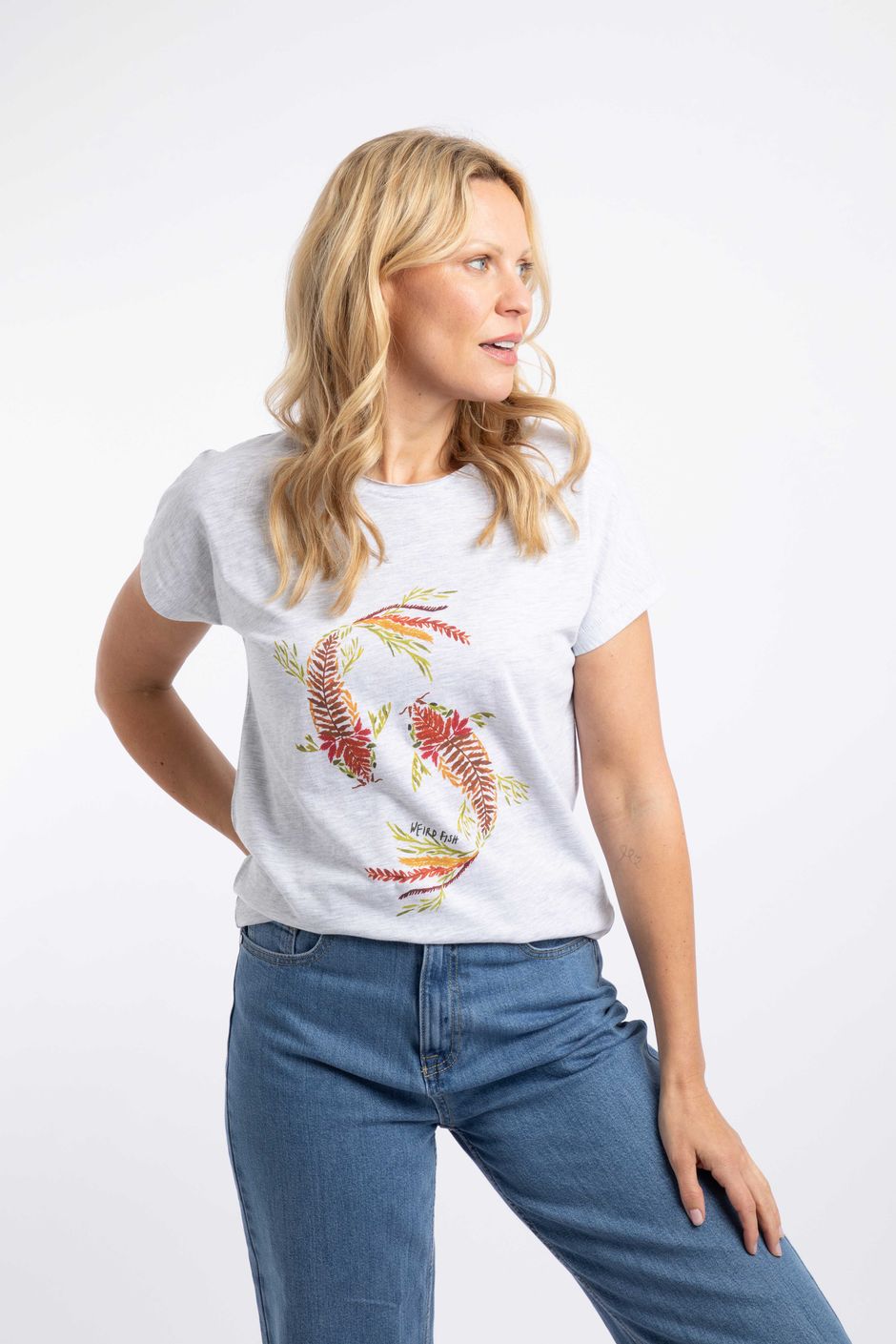 Fern Koi Carp Front Print Cotton Graphic T-Shirt Light Grey Marl