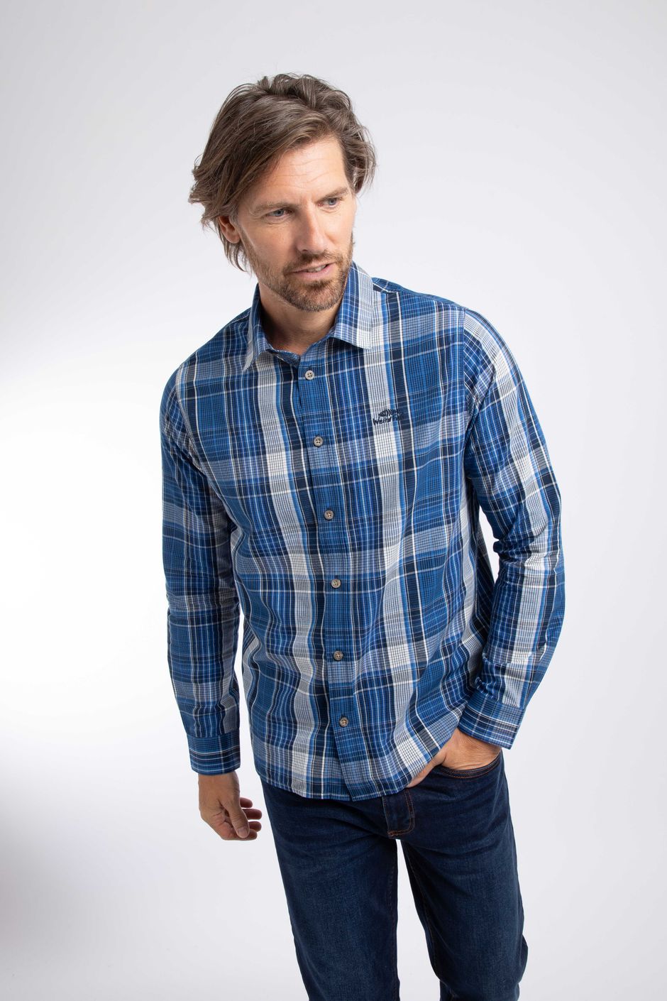 Lando Long Sleeve Check Shirt Bright Navy