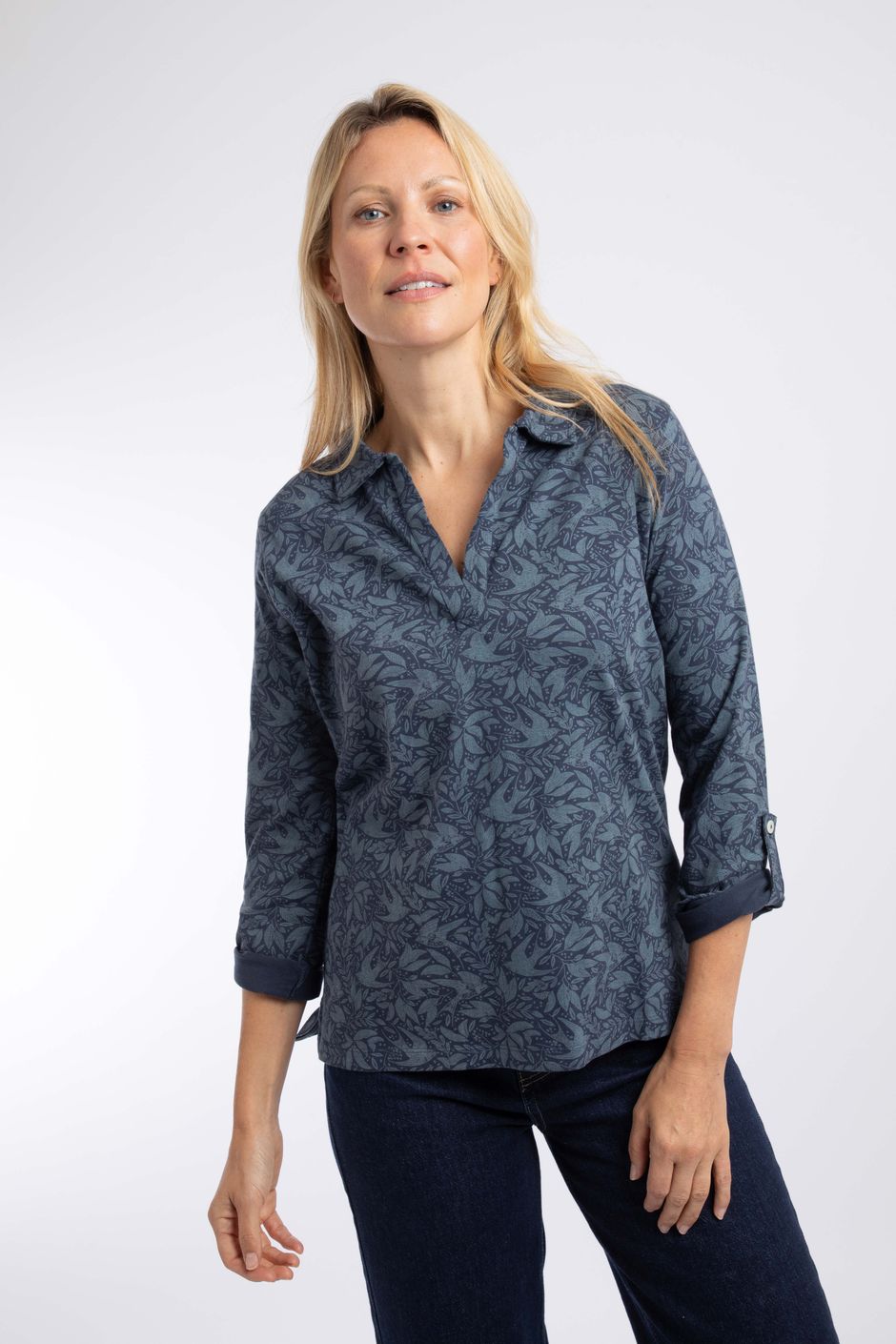 Rosalie Printed Jersey Polo Shirt Rich Navy