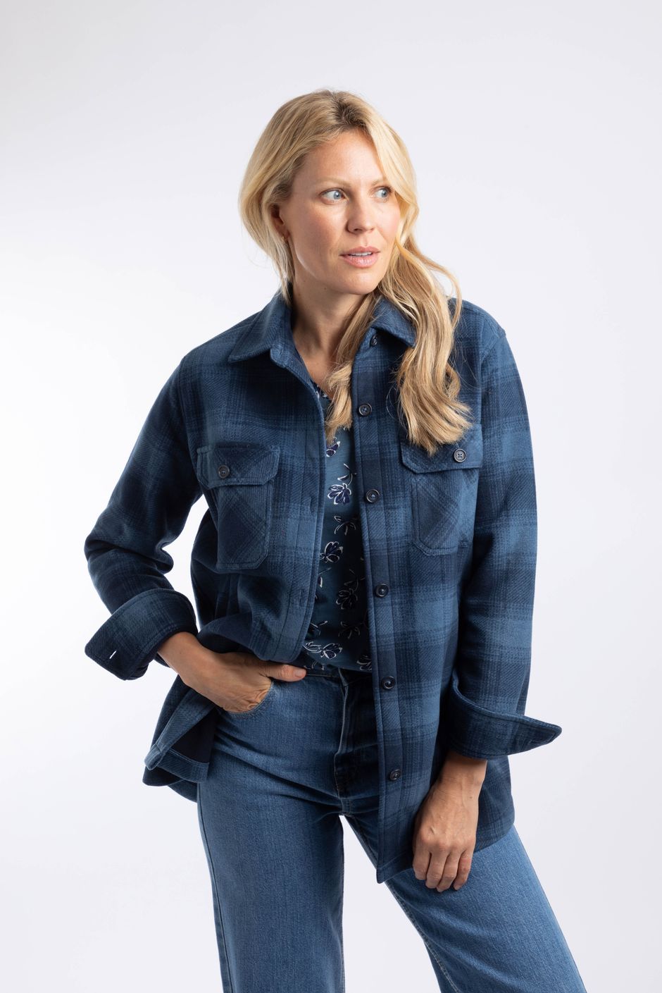 Autumn Check Fleece Shacket Ash Blue