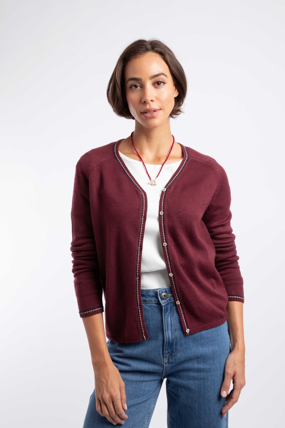 Maddis Fine Knit Tipped Cardigan Port
