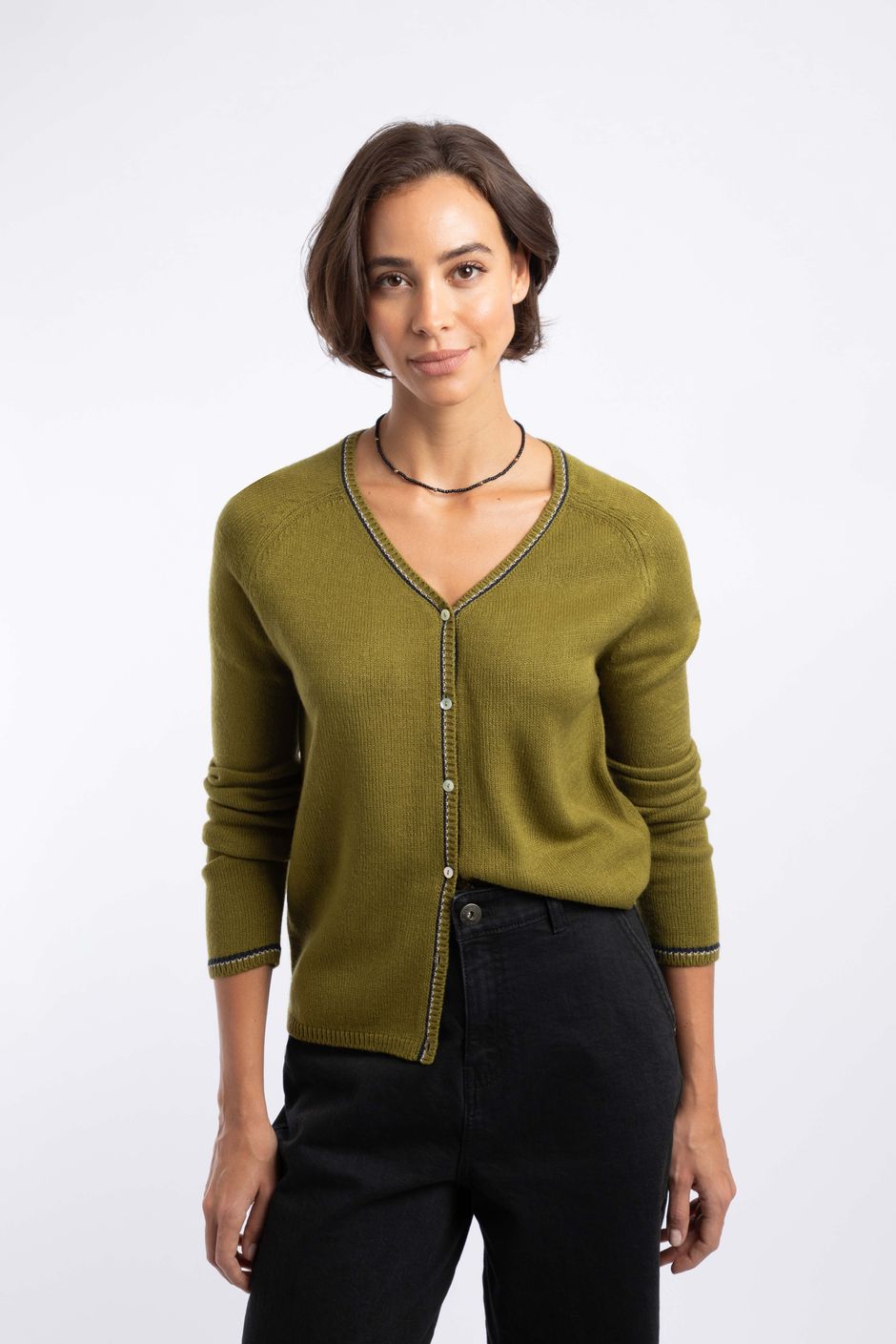 Maddis Fine Knit Tipped Cardigan Verdun Green
