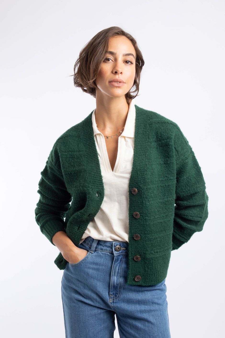 Aramis Textured Striped Stitch Cardigan Bottle Green