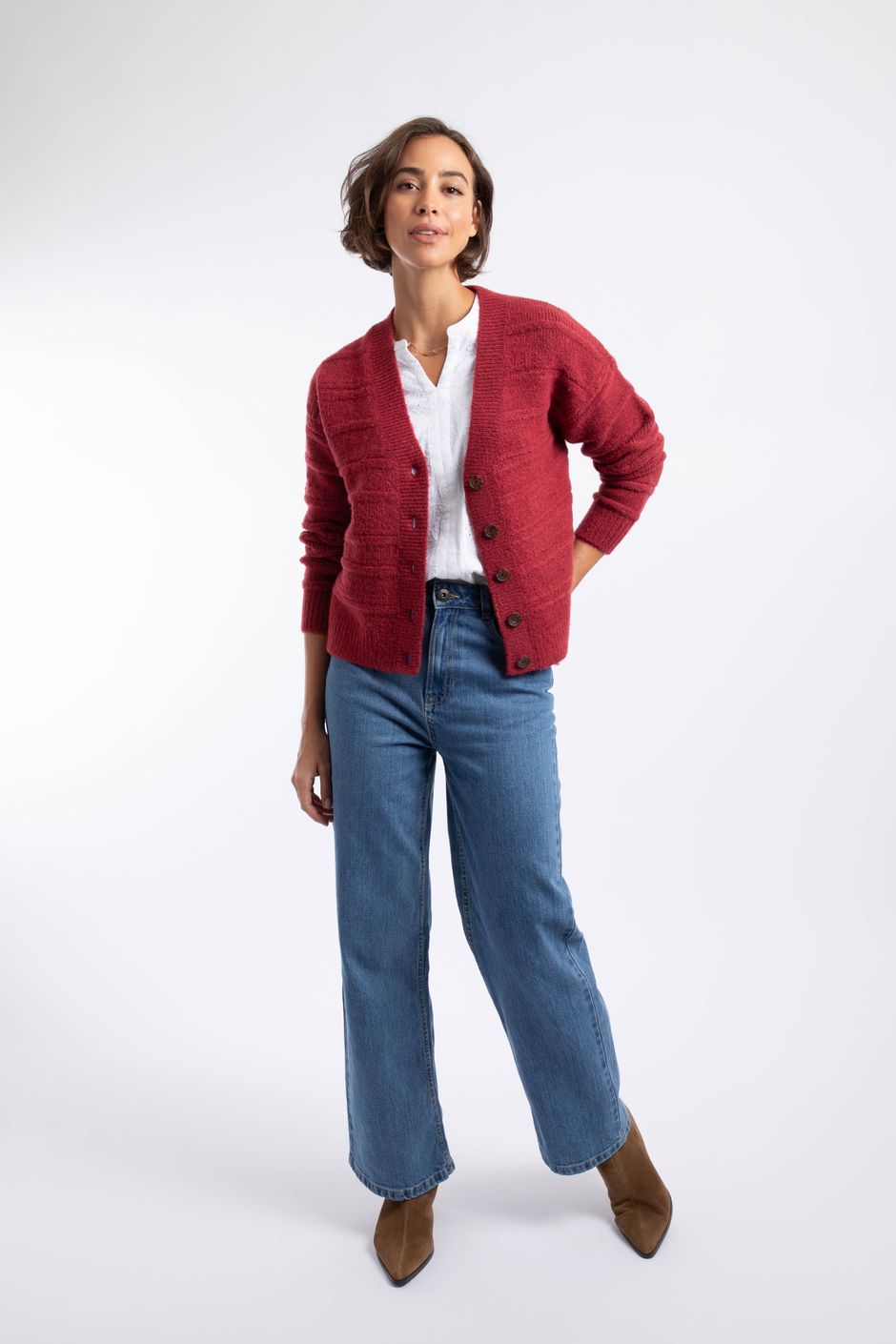 Aramis Textured Striped Stitch Cardigan Rhubarb