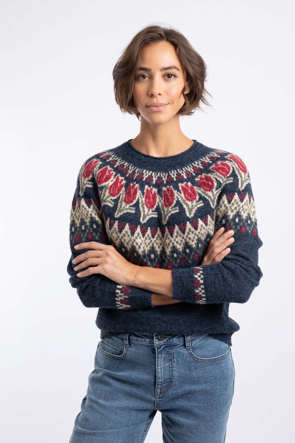 Tulips Floral Fair Isle Jumper Navy
