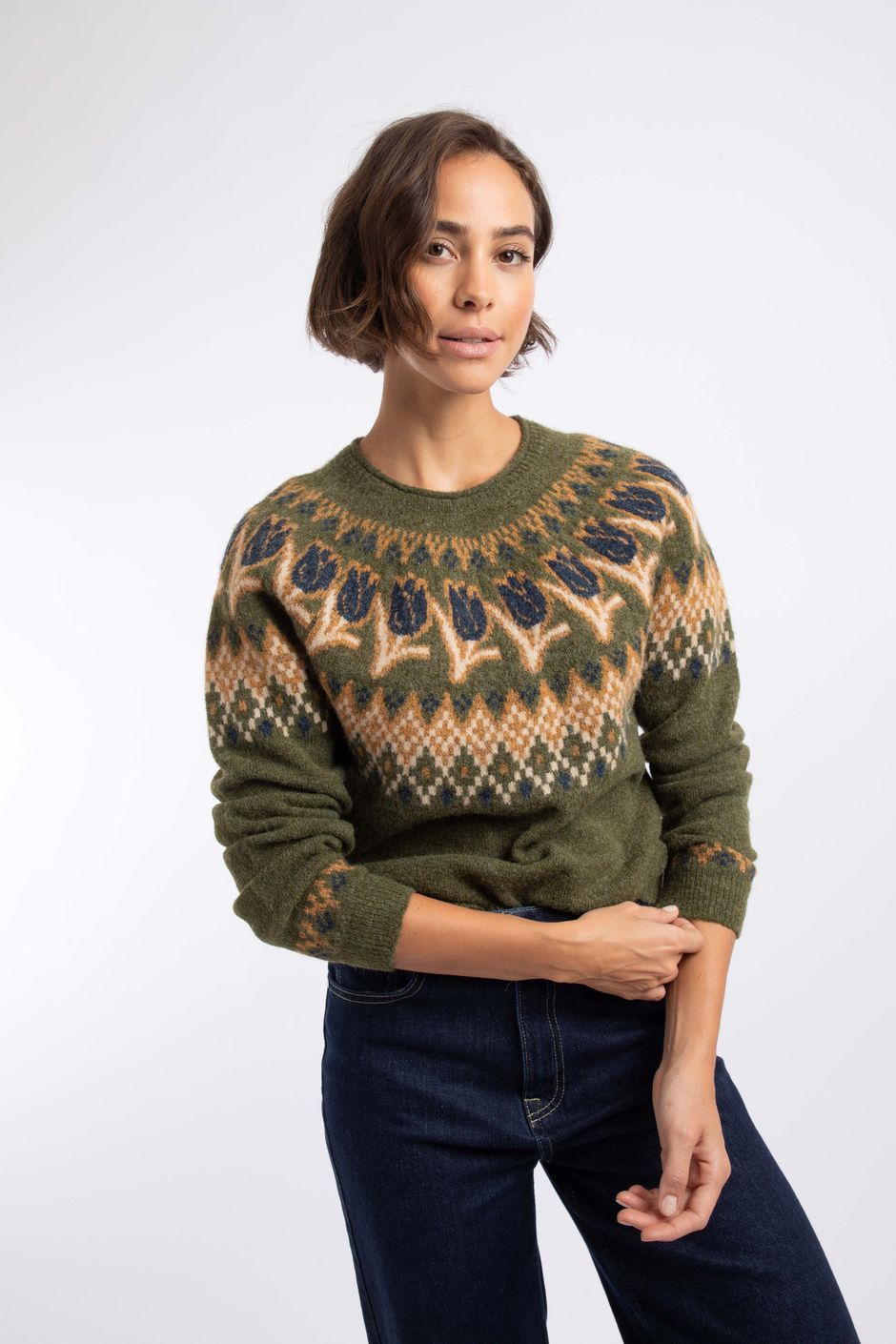 Tulips Floral Fair Isle Jumper Winter Green