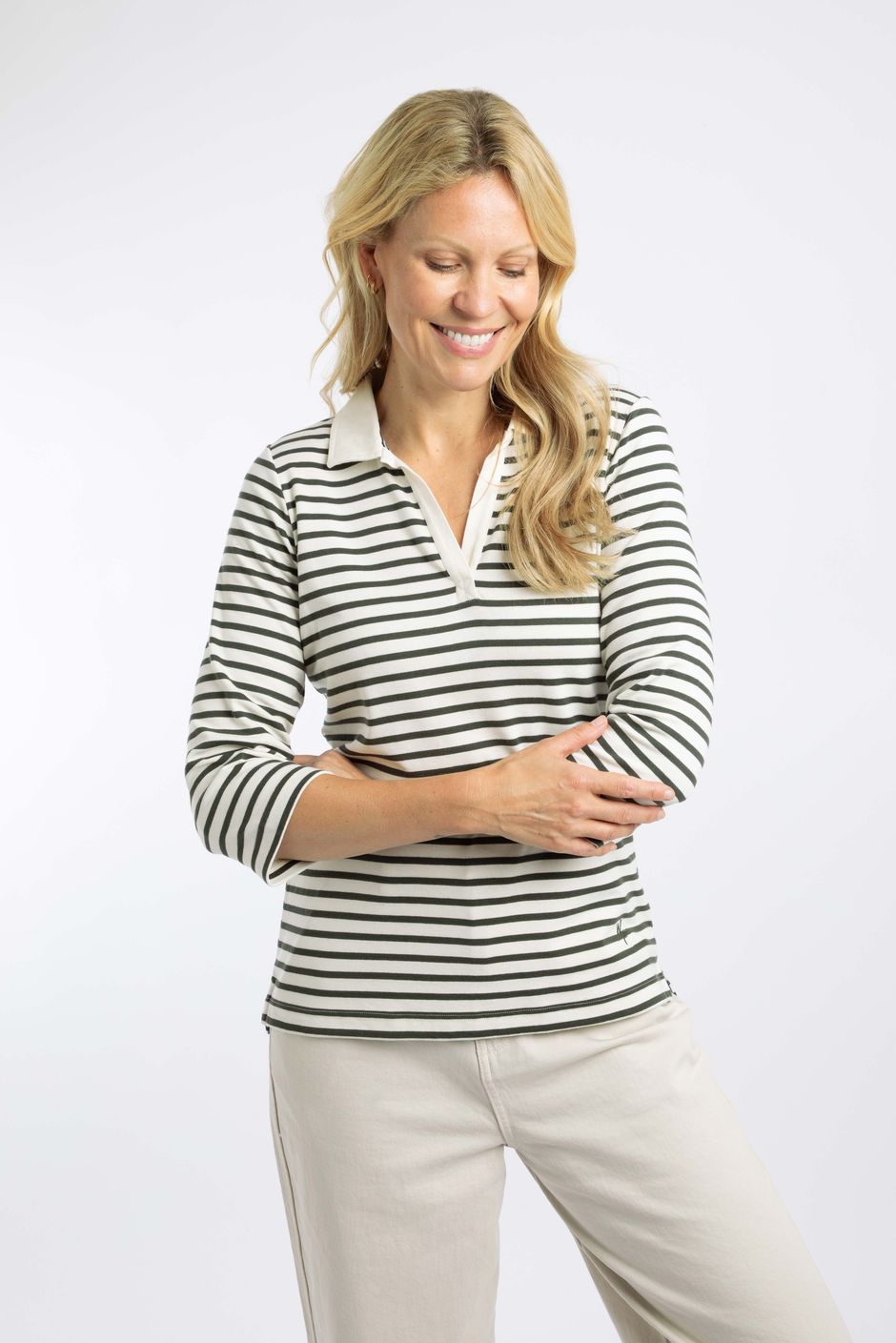 Thora Striped Jersey Polo Top Fir Green