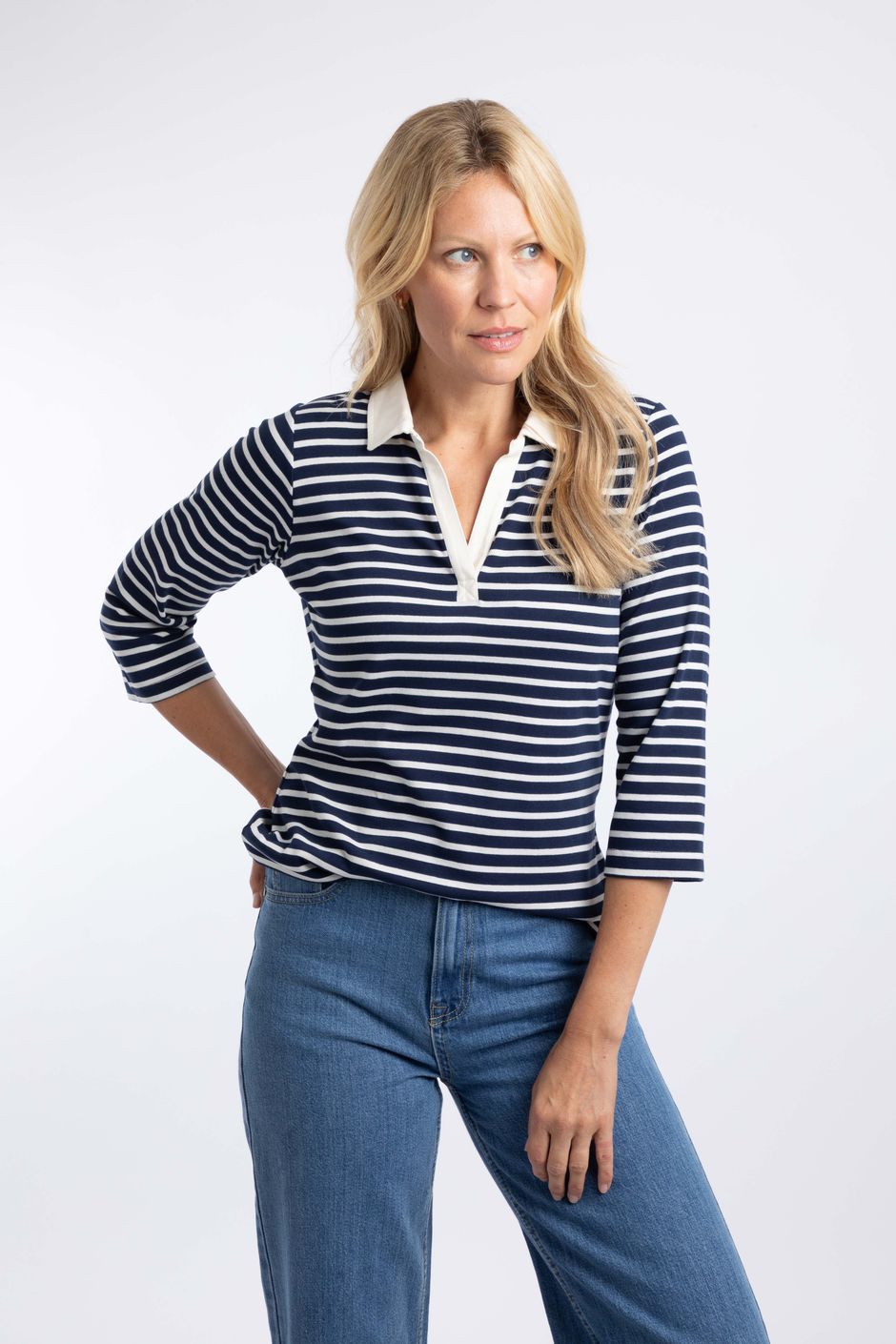 Thora Striped Jersey Polo Top Navy