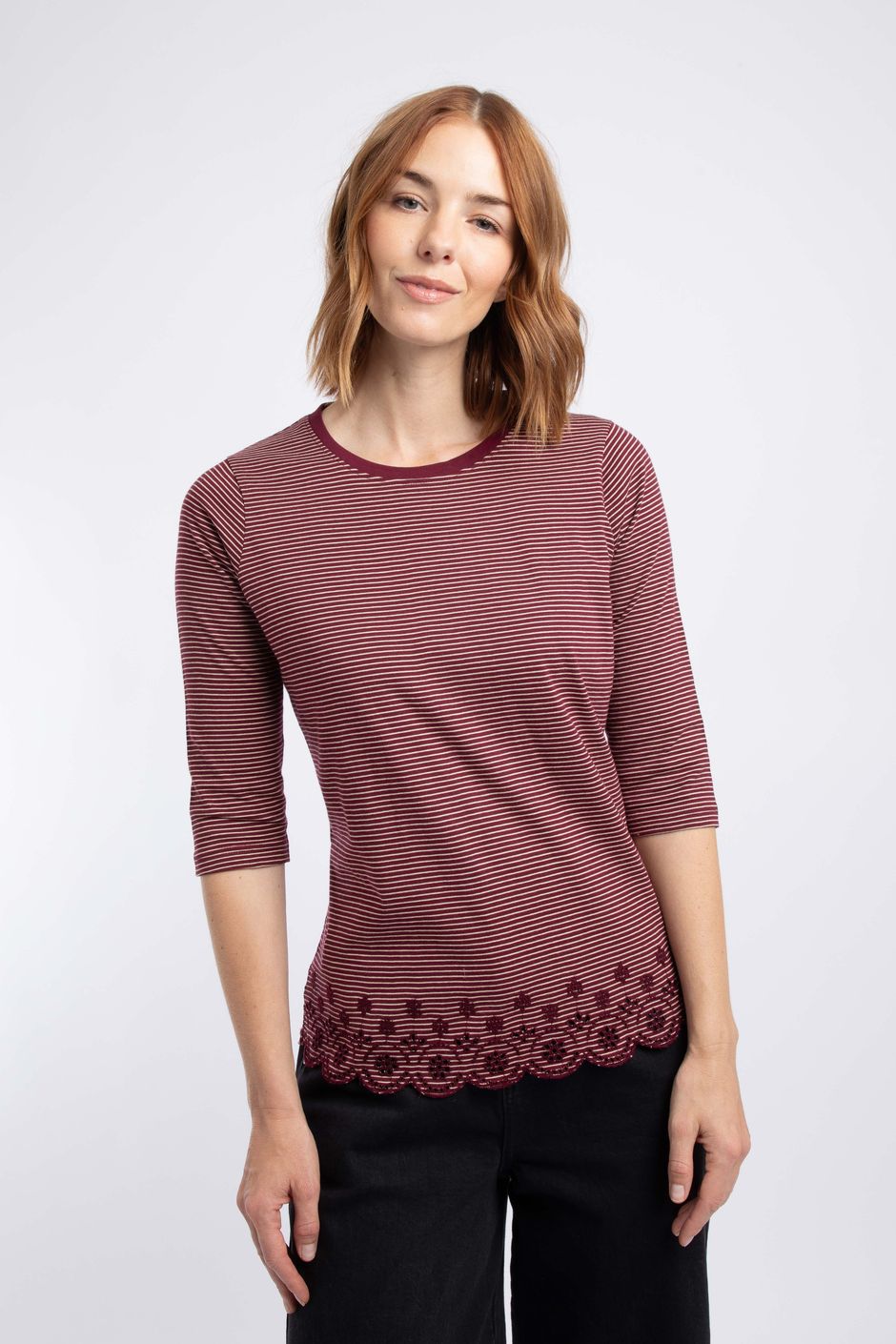 Raven Striped Emdroidered Hem Top Port