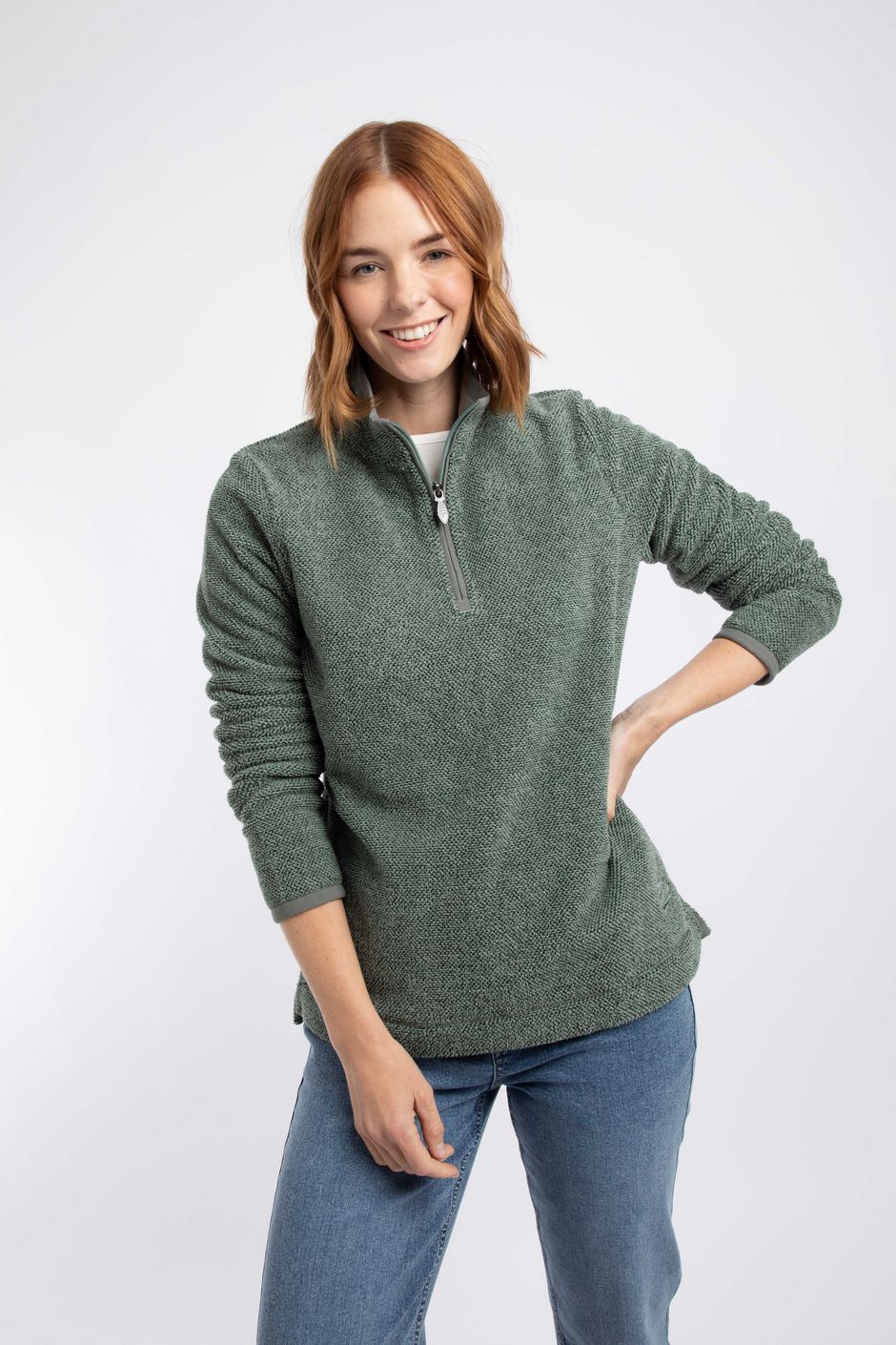 Sarah 1/4 Zip Textured Fleece Military Green