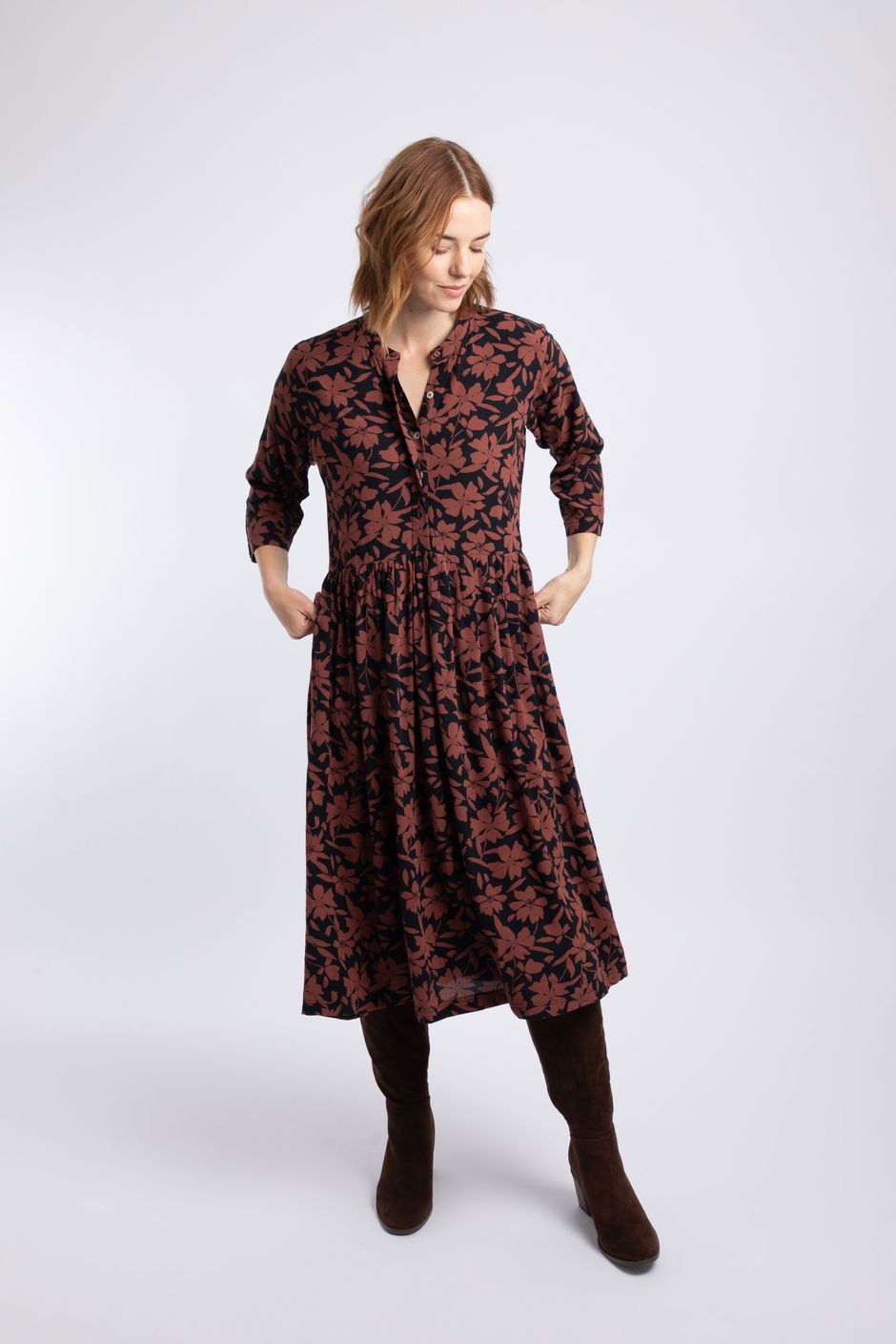 Hellen Printed Crepe Shirt Dress Conker